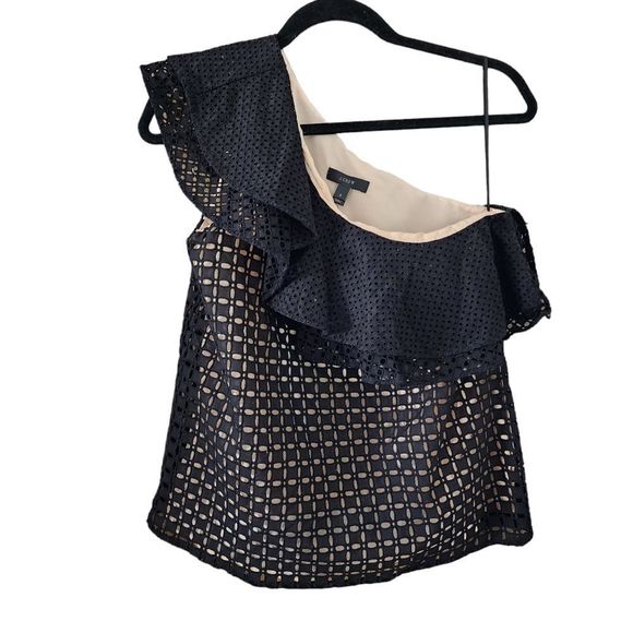 J. Crew Tops - J Crew Womens Top One Shoulder Short Flutter Sleeve Ruffle Eyelet Black Size 2
